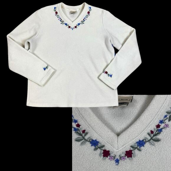 Vtg LL Bean Fleece Polartec Sz M Floral Embroidered Cream Cottagecore Y2K 90s - Picture 1 of 16
